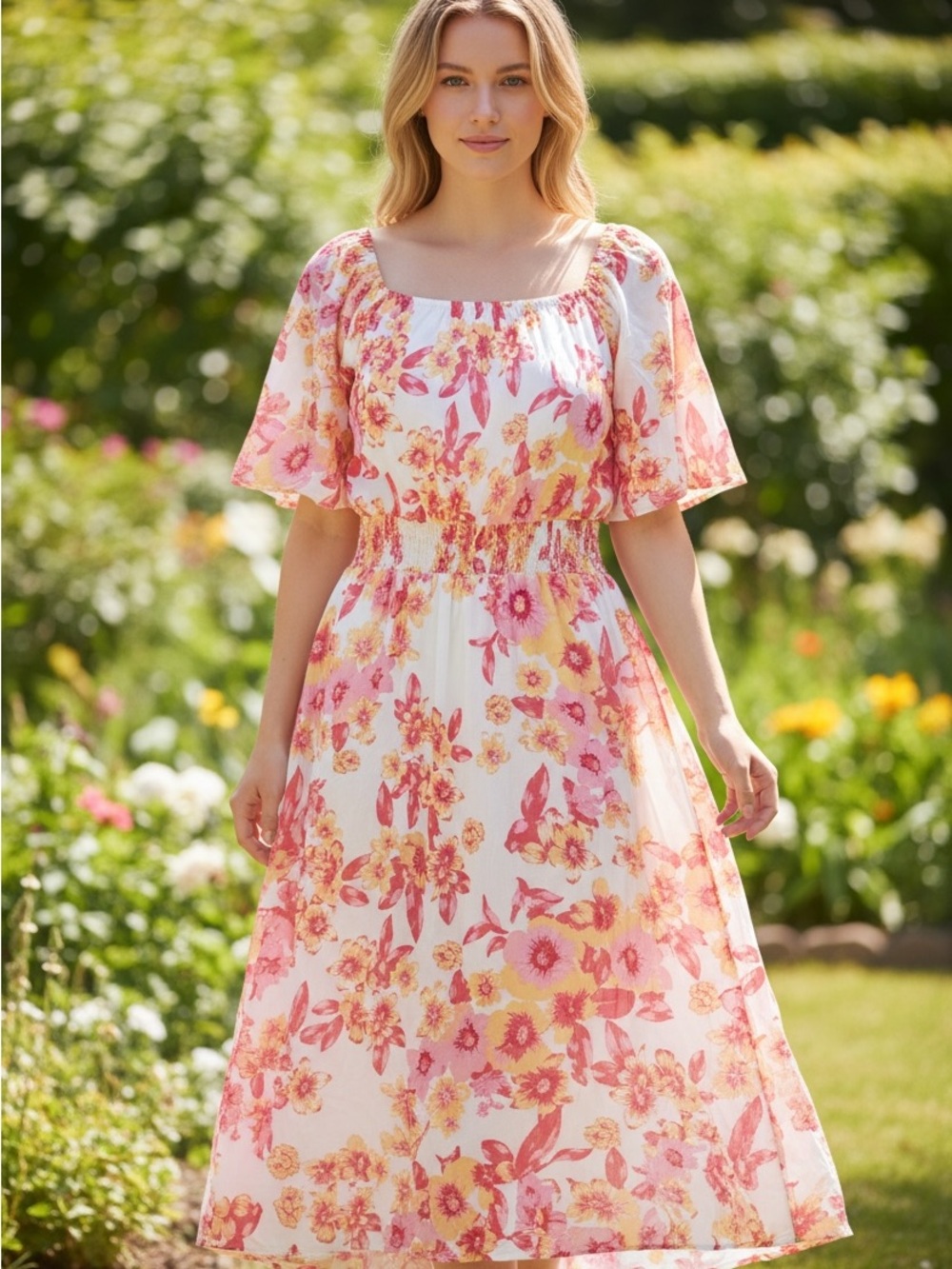 BloomChic White Maxi Dress with Pink and Yellow Floral Print
